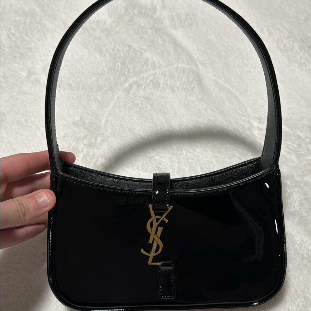 Yves Saint Laurent Black Patent Shoulder Bag with Gold Logo